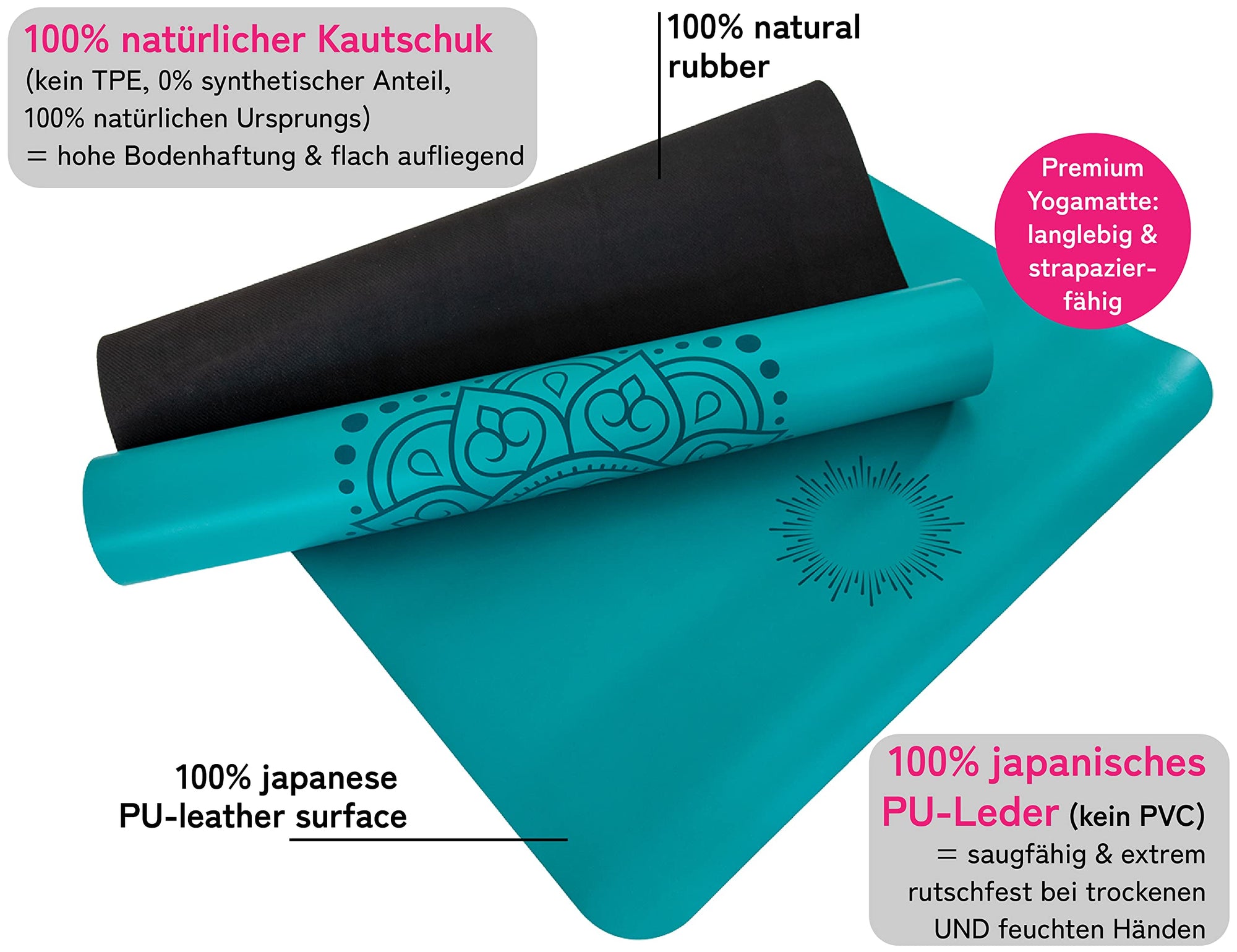 DIVASYA Premium Yogamatte rutschfest: Naturkautschuk rutschfest &amp; japanische professional grip Oberfläche | großzügige Maße 185x68x0,45cm | Tragegurt |4,5mm dicke Yoga Matte rutschfest